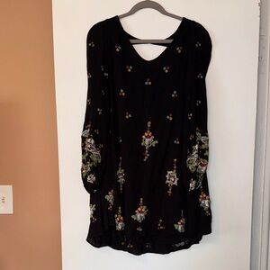 Free People Embroidered Black Boho Mini Dress with Colorful Floral Motifs
